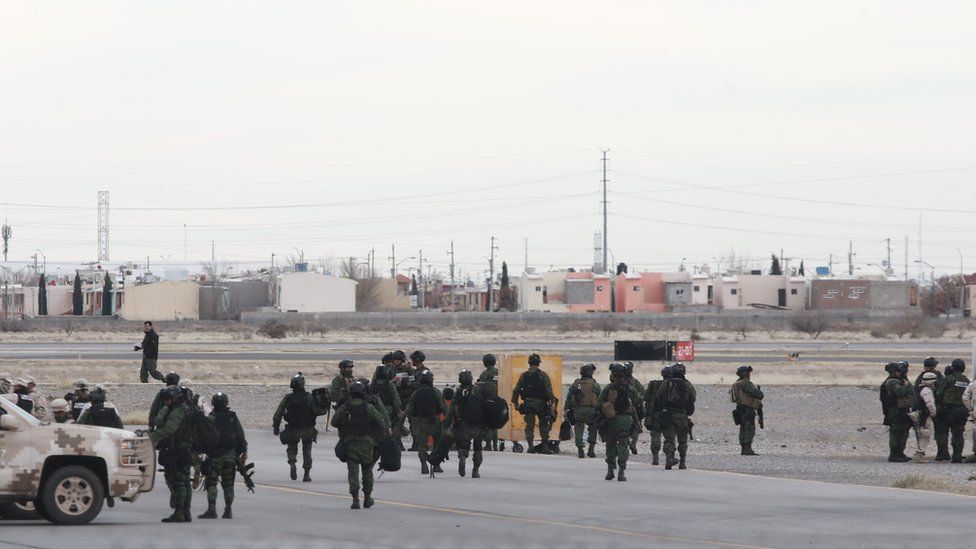 Mexican soldiers on guard at Ciudad Juarez airport, where El Chapo Guzman's plane took off