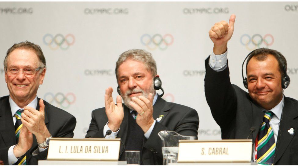 President of the Brazilian Olympic campaign, Carlos Nuzman, Brazilian President Luiz Inacio Lula da Silva of Brazil and Rio de Janeiro Governor Sergio Cabral celebrating after wining the bid in 2009