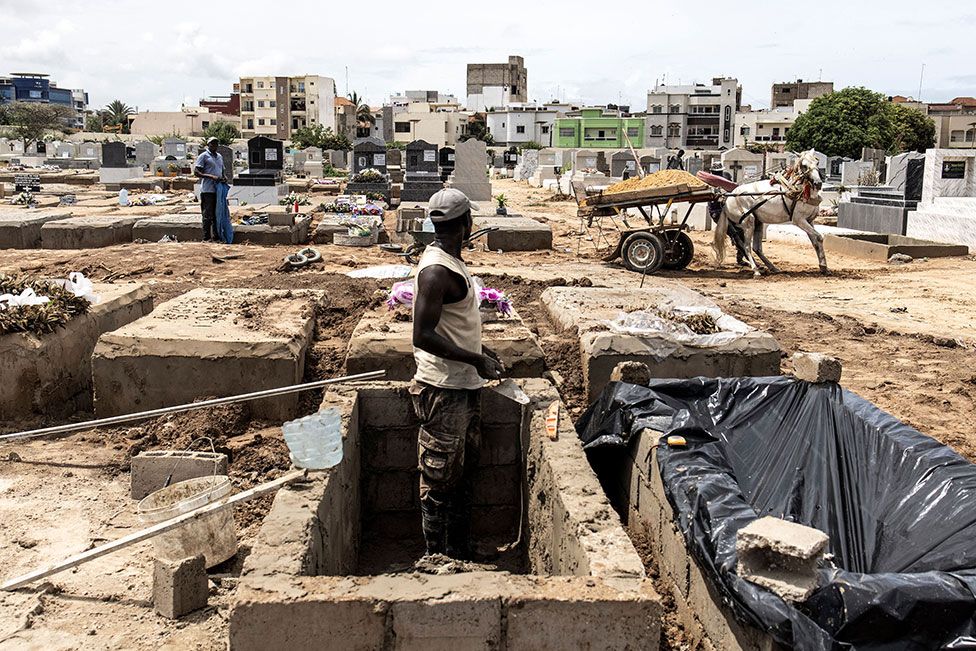 A man looks on as a horse cart drops off soil in a cemetery in Dakar, Senegal