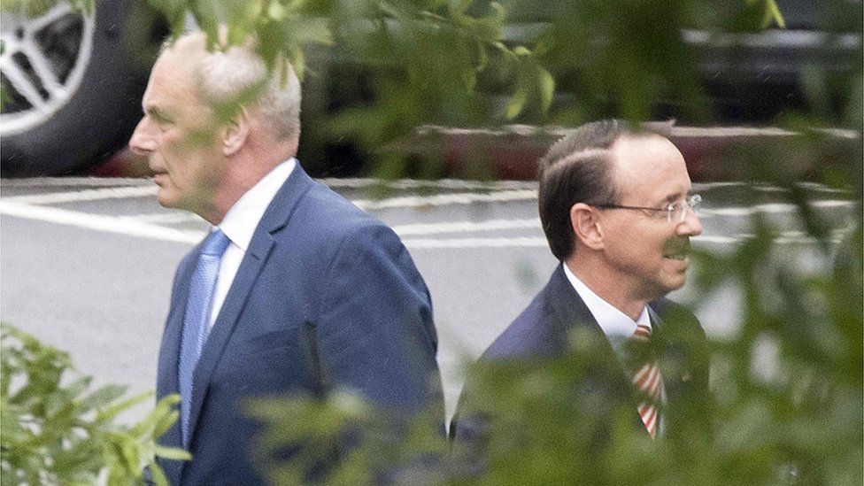White House Chief of Staff John Kelly and Assistant Attorney General Rod Rosenstein seen after meeting