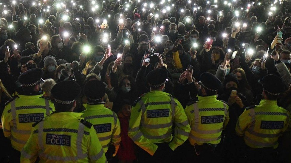 Met Police serviceman  astatine  Sarah Everard vigil