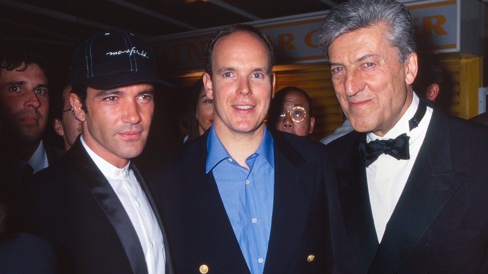 Antonio Banderas, Prince Albert II of Monaco and Nino Cerruti at the Cannes Film Festival on 26 May 1995