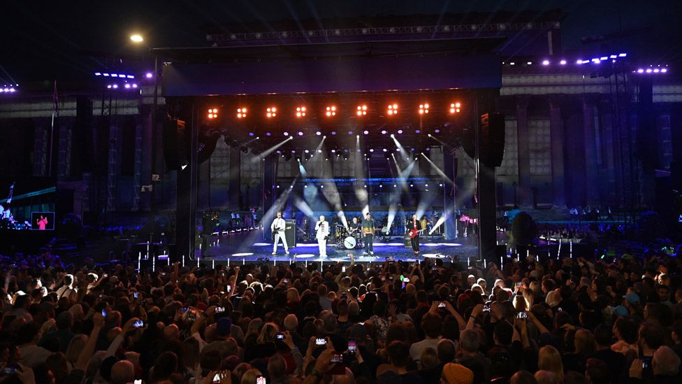 Frankie Goes To Hollywood on stage at the National Lottery's Big Eurovision Welcome concert in Liverpool on 7 May 2023