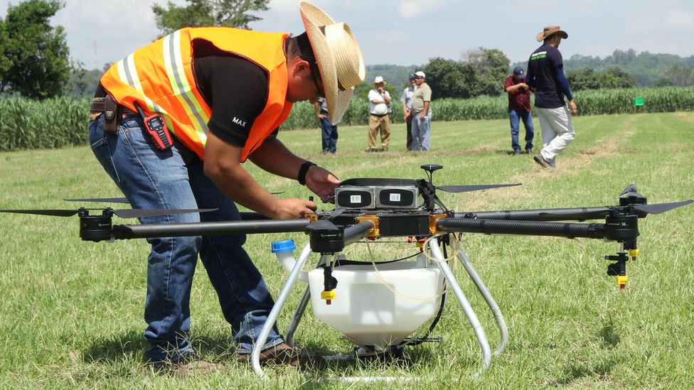 Man assessing crop-spraying drone