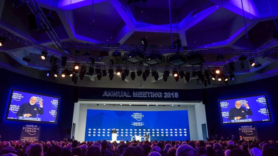 Indian Prime Minister Narendra Modi gestures as he delivers his speech at the opening day the World Economic Forum (WEF) 2018 annual meeting, on January 23, 2018 in Davos,