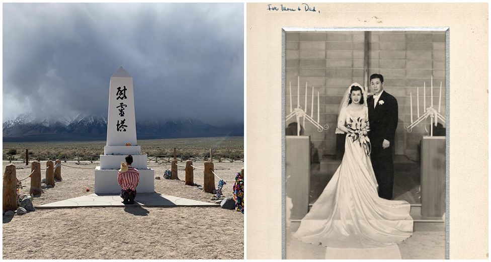 ShayShay Konno pays their respects at Manzanar (left), their grandparents on their wedding day (right)
