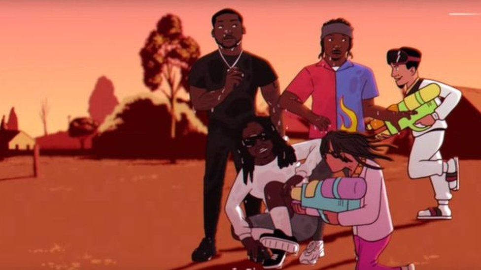 Cartoon versions of Meek Mill, Pusha T and Lil Wayne getting sprayed with water by Slim Jxmmi and Swae Lee