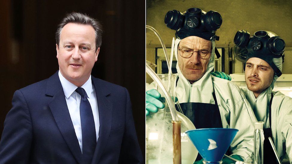David Cameron and Bryan Cranston and Aaron Paul in character in Breaking Bad