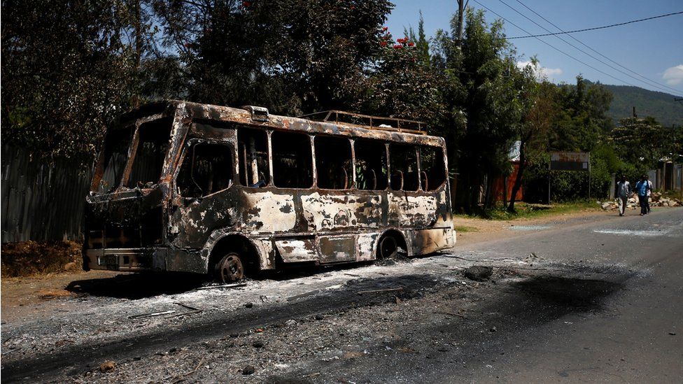 bus that was torched during protests in the town of Sebeta, Oromia region, Ethiopia, October 8, 2016