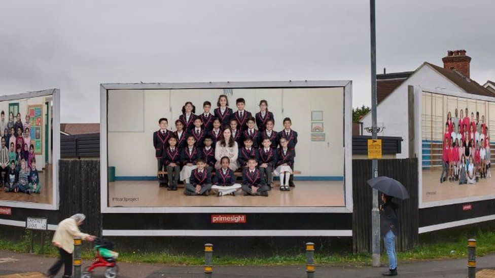Year Three class photograph on billboards