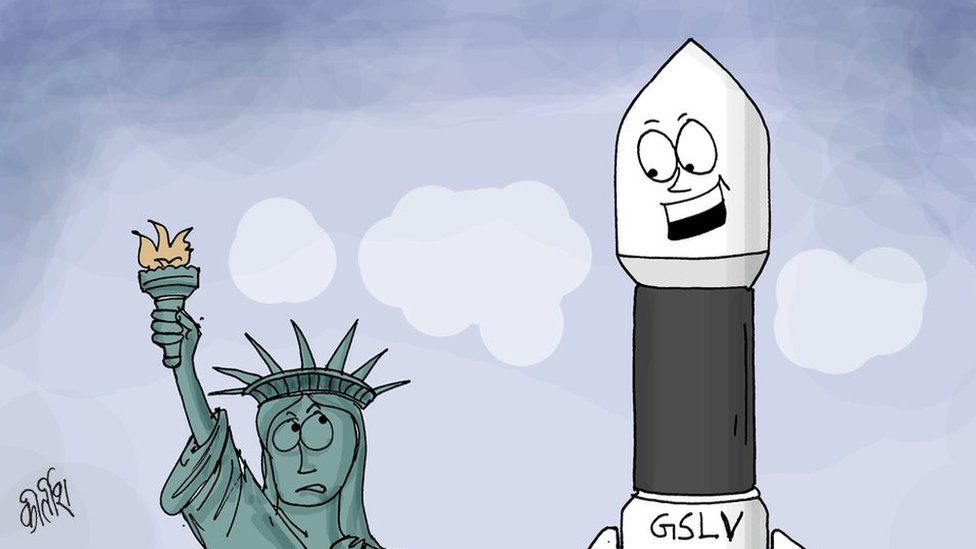 Cartoon showing Statue of Liberty and the GSLV Mark III