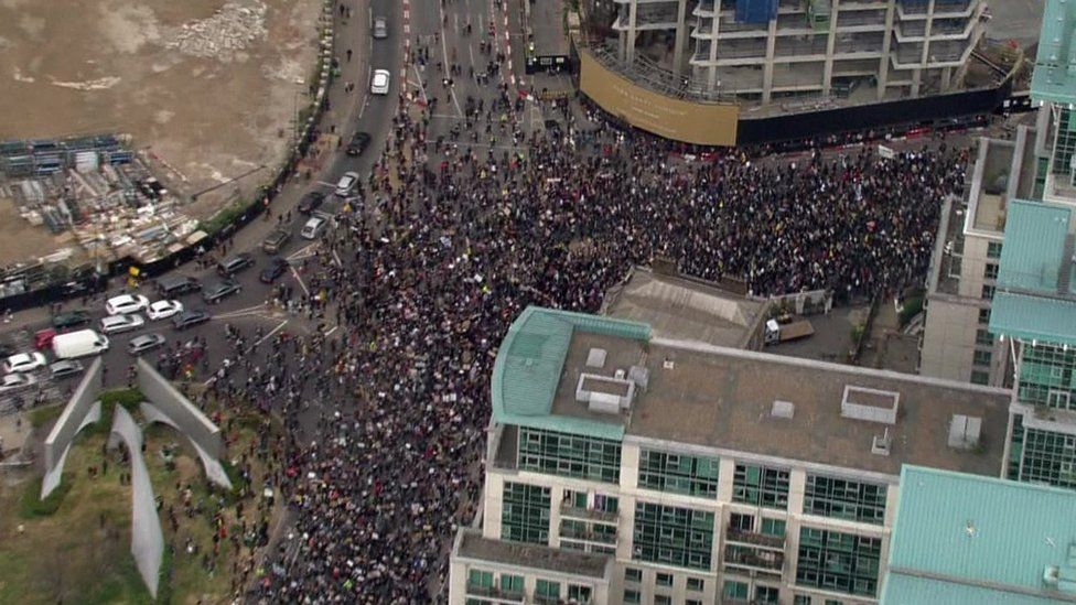 Aerial of protesters in London