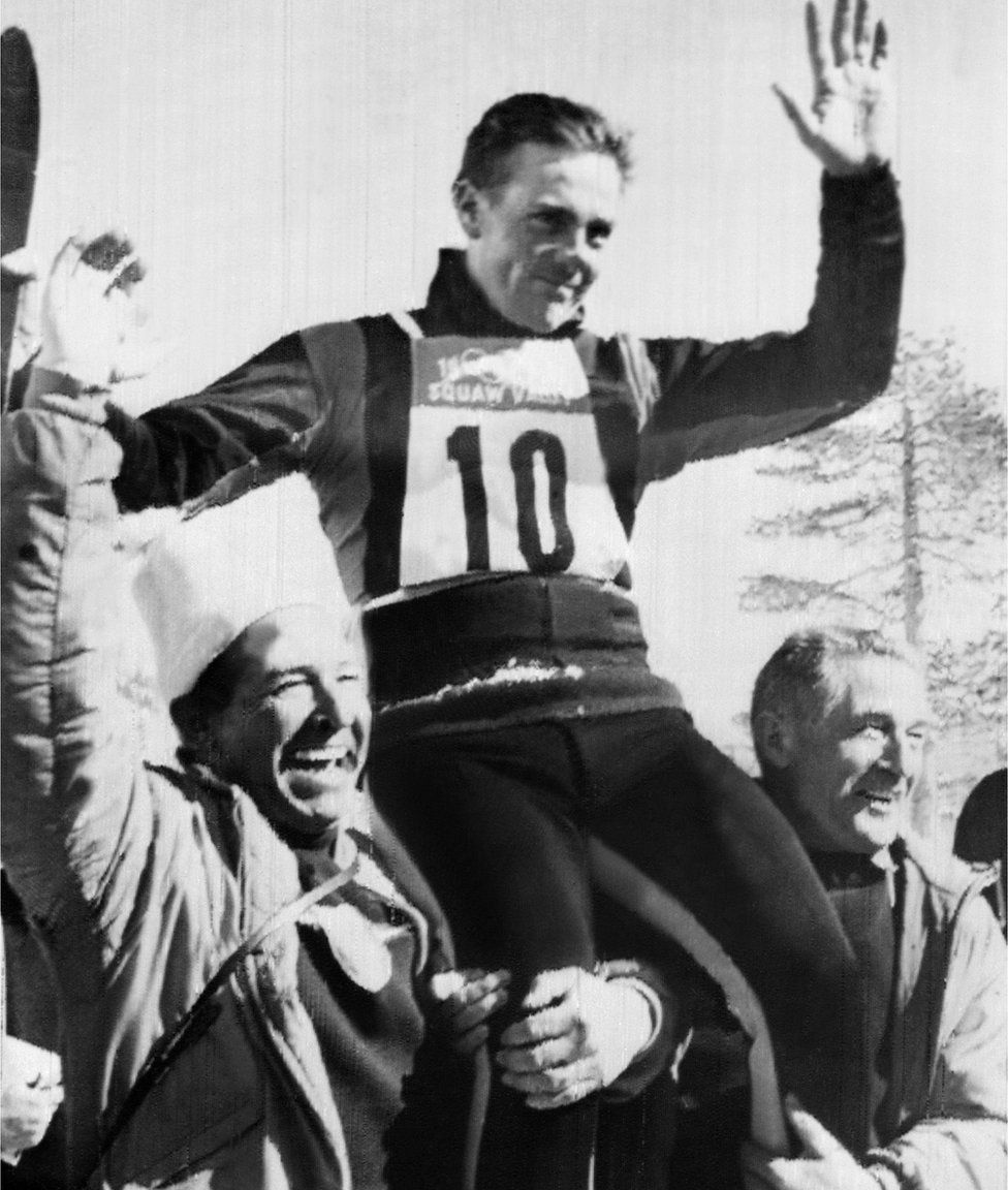 Jean Vuarnet waves to the crowd after winning the gold medal in the men's downhill Winter Olympic Games, 22 Feb 1960