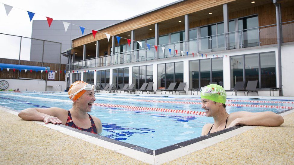 Philippa Markou (left) and Teresa Walton swim at David Lloyd in Acton, London