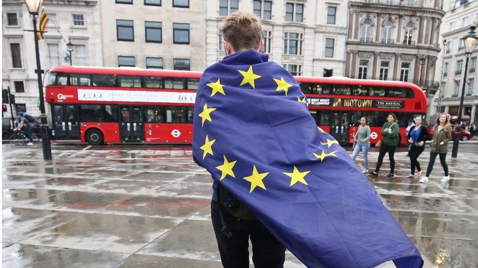 Demonstrator wrapped in EU flag
