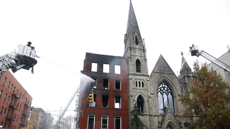 Firefighters tackle a blaze at the Middle Collegiate Church in New York