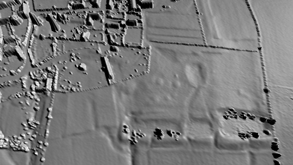 Lidar - light detecting radar - showing a series of ornamental ponds, terraced gardens and drainage channels