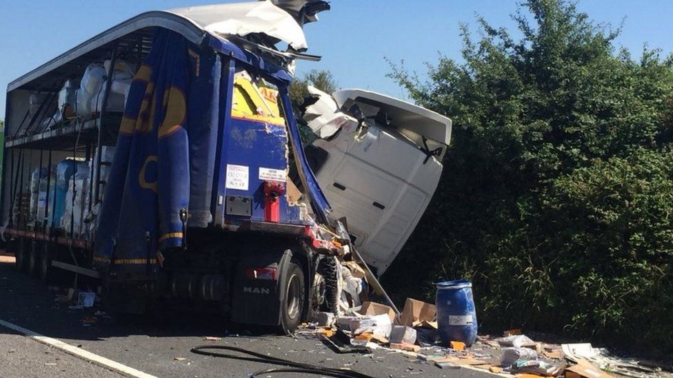 A crashed lorry at the site of the A34 milk and varnish spill