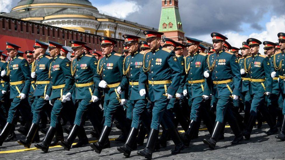 Russian servicemen march on Red Square during the Victory Day military parade in central Moscow
