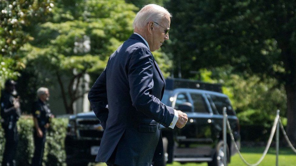 US President Joe Biden walks to board Marine One on the South Lawn of the White House in Washington, DC, on 17 August 2023, as he departs for Camp David