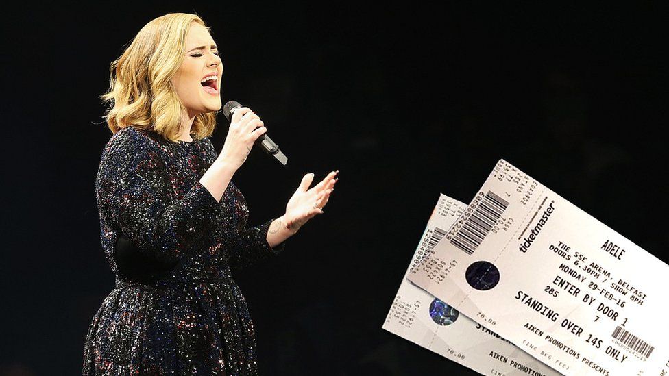Composite image of Adele onstage with tickets for the first night of her world tour