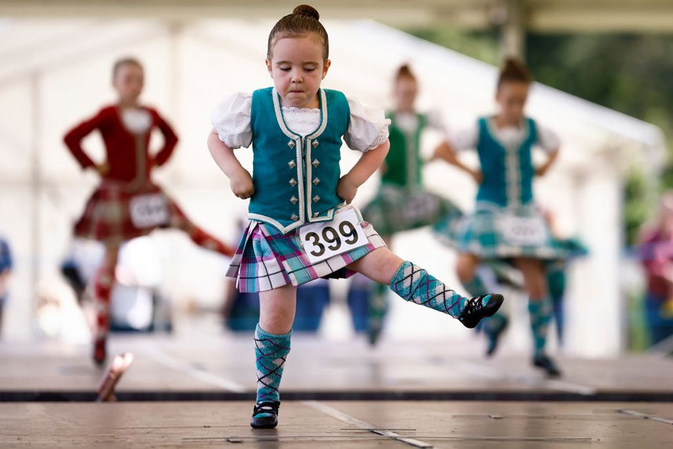 Dancers compete during the Inveraray Highland Games on July 18, 2023 in Inveraray, Scotland.