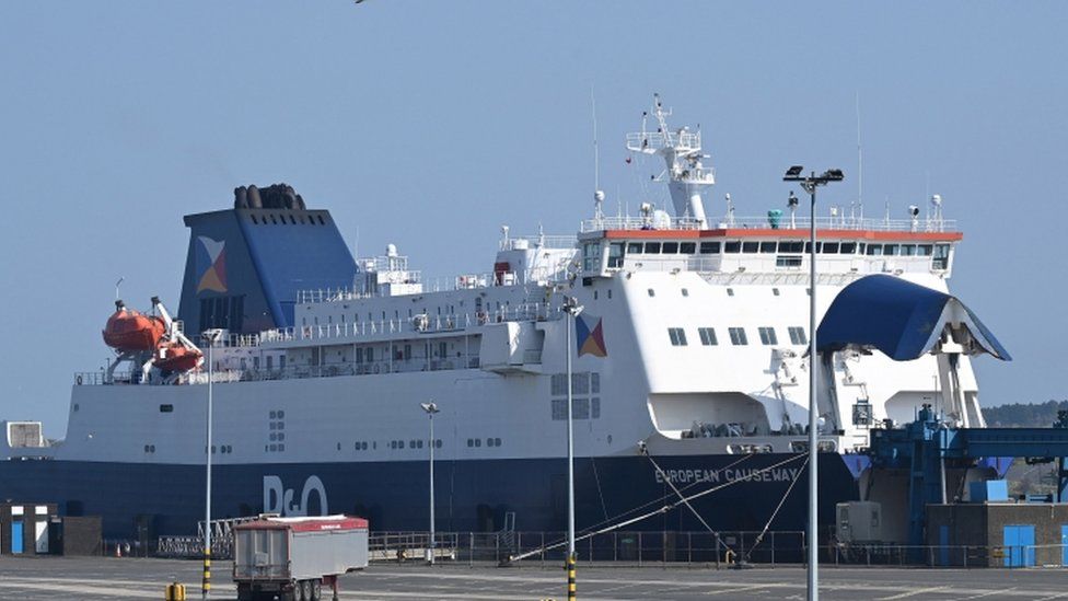 P&O passenger vessel European Causeway is seen moored at the port of Larne, Northern Ireland