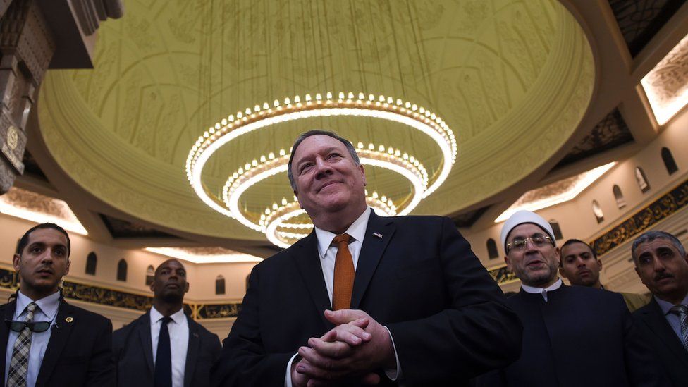 US Secretary of State Mike Pompeo (C) speaks to the press during a tour of the newly-inaugrated Al-Fattah Al-Alim mosque in Egypt's New Administrative Capital
