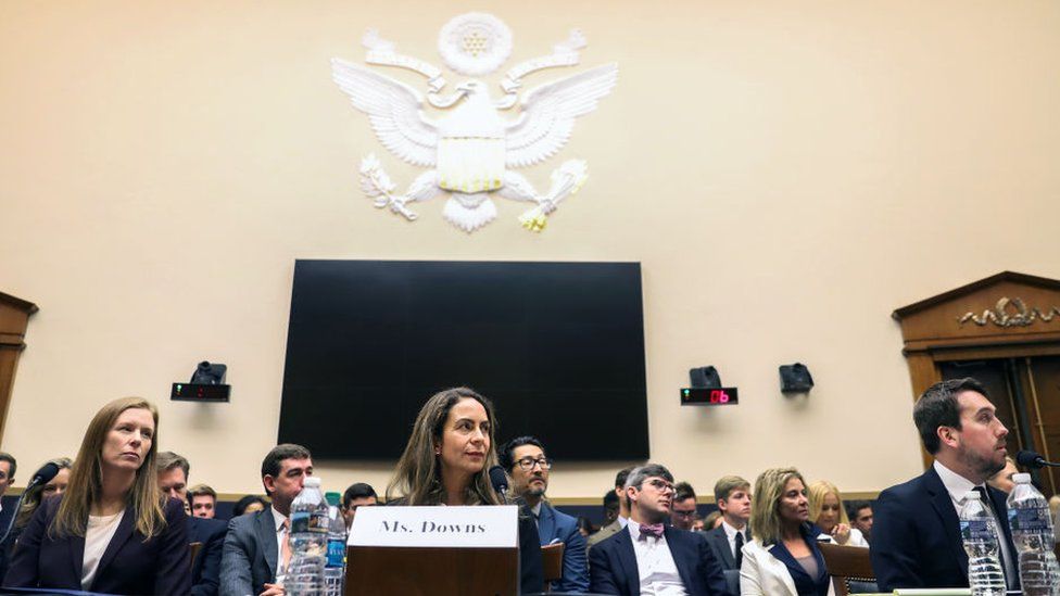 (L-R) Monika Bickert, the head of global policy management at Facebook, Juniper Downs, global head of public policy and government relations at YouTube, and Nick Pickles, the Senior Strategist at Twitter, testify to the House Judiciary Committee.