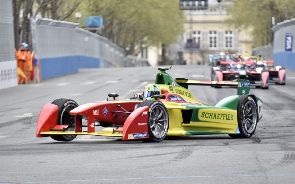ABT Schaeffler Audi Sport's Brazilian racing driver Lucas Di Grassi competes in the French stage of the Formula E championship around the Invalides in Paris on April 23, 2016.