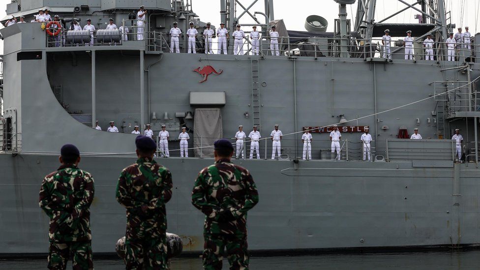 An Australian navy ship docking at a port in Jakarta, Indonesia in May 2019