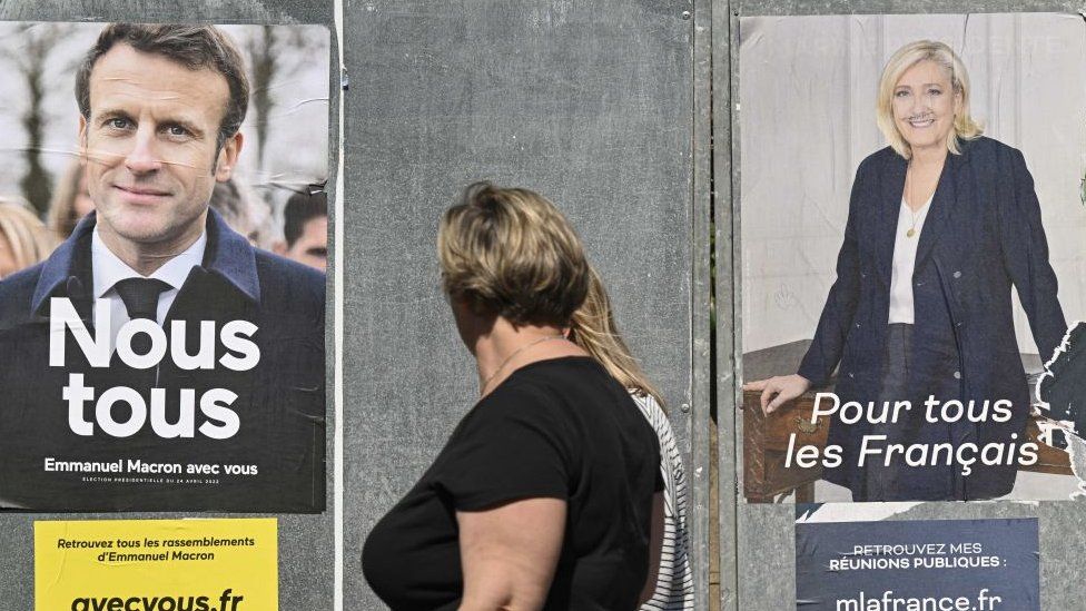Image shows Macron and Le Pen poster