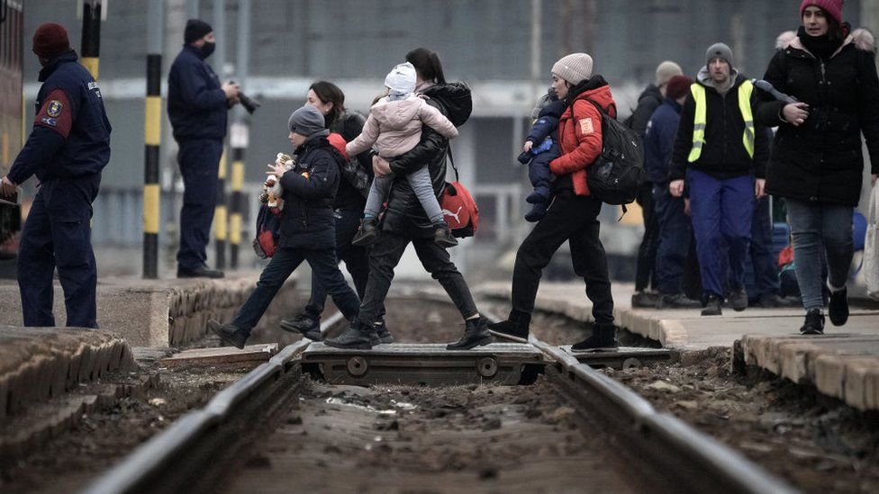 Refugees fleeing Ukraine arrive at Zahony train station in Hungary