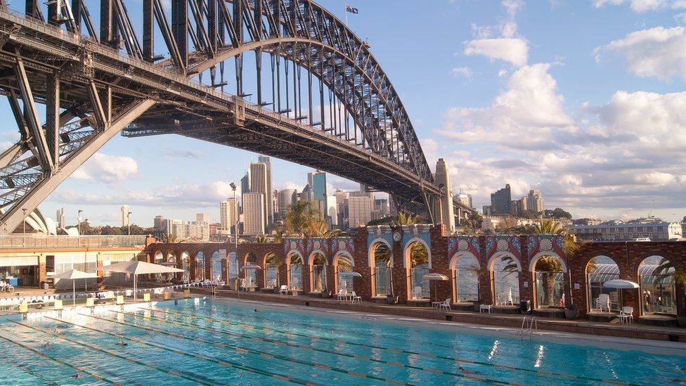 The outdoor The North Sydney Olympic Pool with the Sydney Harbour Bridge in the background