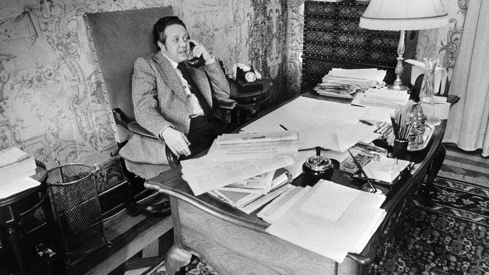 This file photo taken on 2 March, 1975 shows General Secretary of Portuguese Socialist Party and Foreign Minister of the Portuguese provisional government Mario Soares speaking on the phone at his office in Lisbon