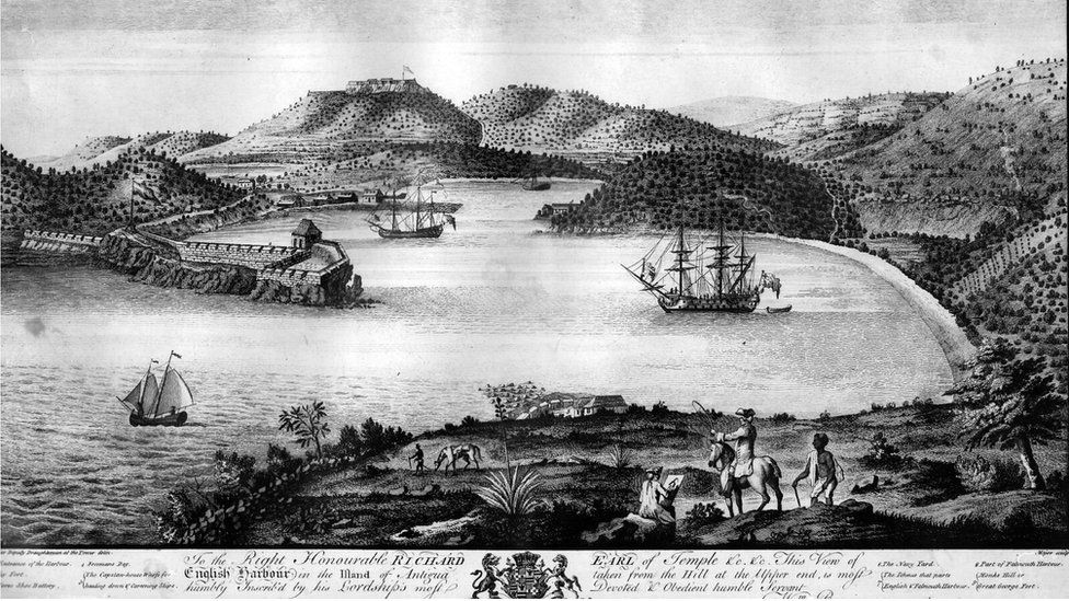 A drawing shows English Harbour in 1754