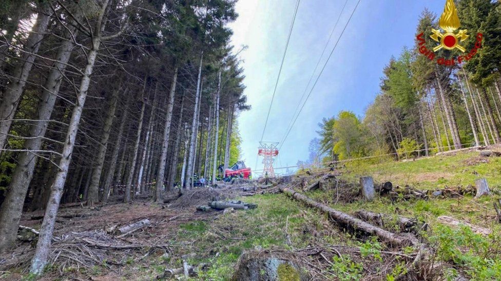 Image from Italian Fire and Rescue Service shows Rescuers at work at the area of the cable car accident, near Lake Maggiore, northern Italy, 23 May 2021