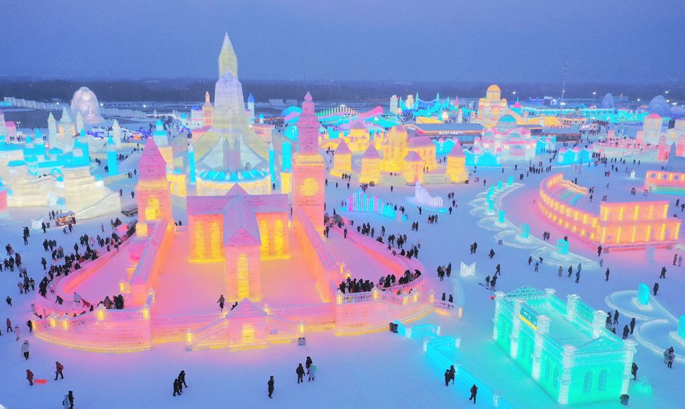 An aerial view of Harbin International Ice and Snow Sculpture Festival seen at night