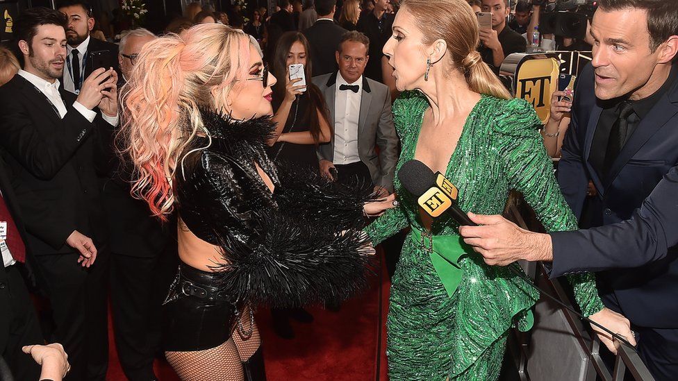 Musician Lady Gaga and singer Celine Dion attend the GRAMMY Awards in Los Angeles