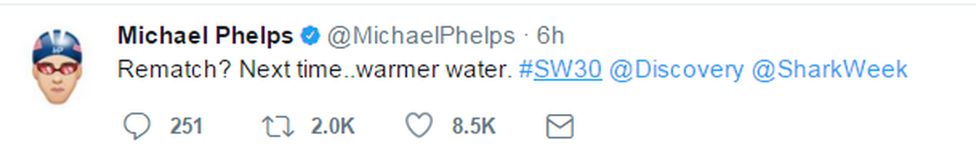 Michael Phelps tweet that reads: "Rematch? Next time..warmer water. #SW30 @Discovery @SharkWeek"
