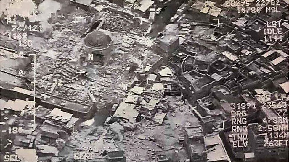 This aerial view taken on June 21, 2017 and provided by Iraq's Joint Operation Command reportedly shows destruction inside Mosul's al-Nuri mosque compound