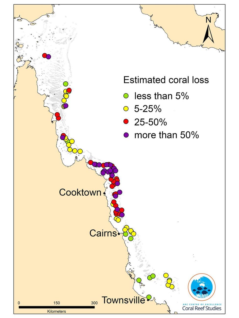 Map showing coral loss on the Great Barrier Reef