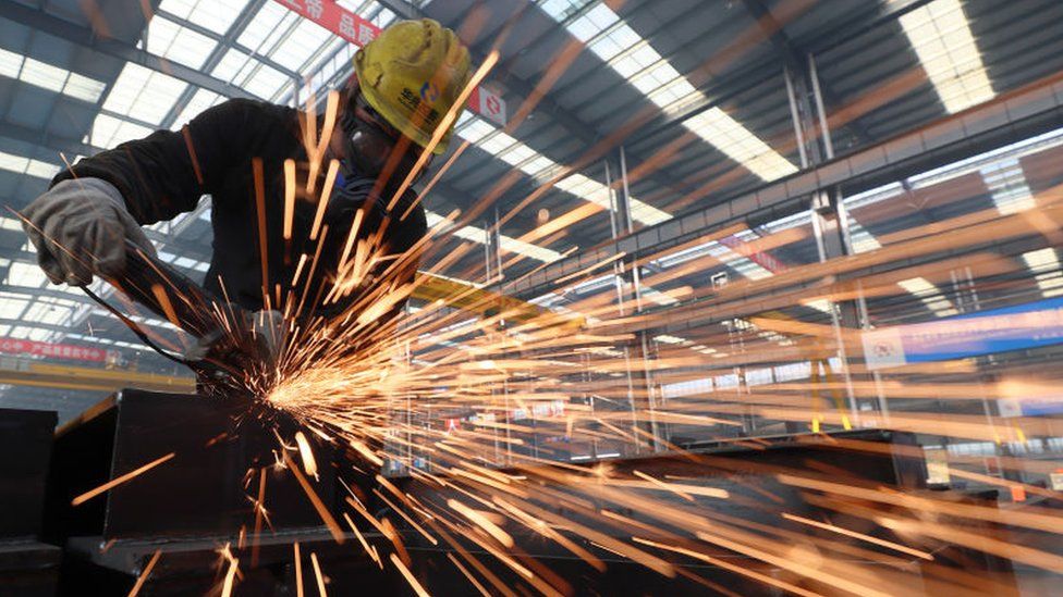 A worker welds steel structure in Yuncheng, Shanxi Province of China.