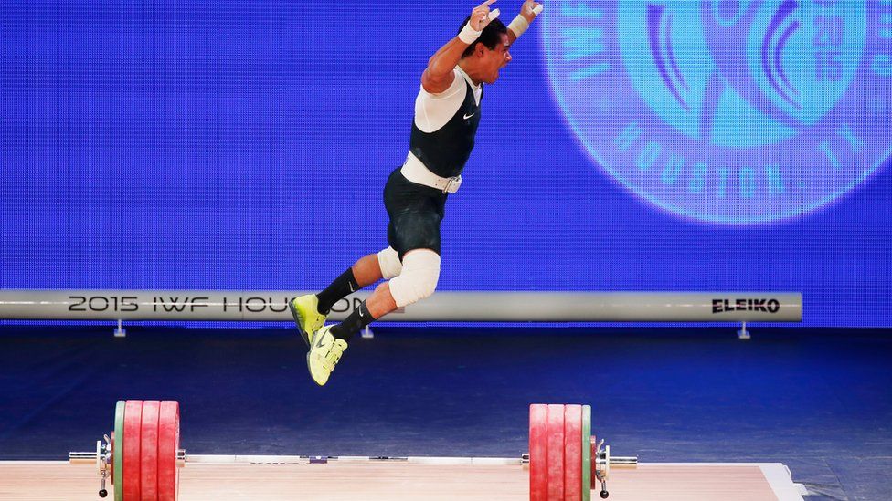Youssef Mohamed of Egypt celebrates a lift in the men's 77kg weight class during the 2015 International Weightlifting Federation World Championships in Texas, US. on 24 November 24