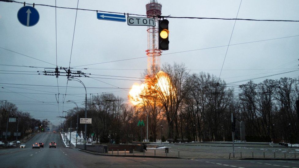 A blast is seen in the TV tower, amid Russia's invasion of Ukraine, in Kyev, Ukraine 1 March 2022