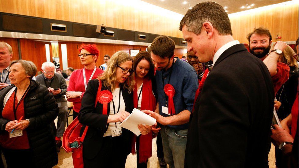 Supporters of the British Labour Party react during the count at Wandsworth Town Hall
