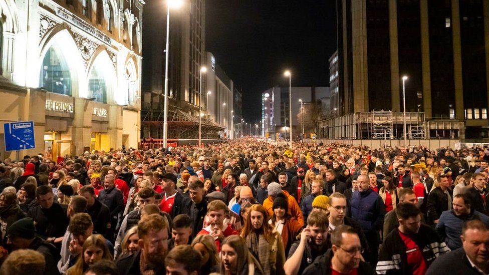 A general view of the St. Mary's Street following the Wales v Australia rugby game at the Principality Stadium on November 20, 2021 in Cardiff, Wales.