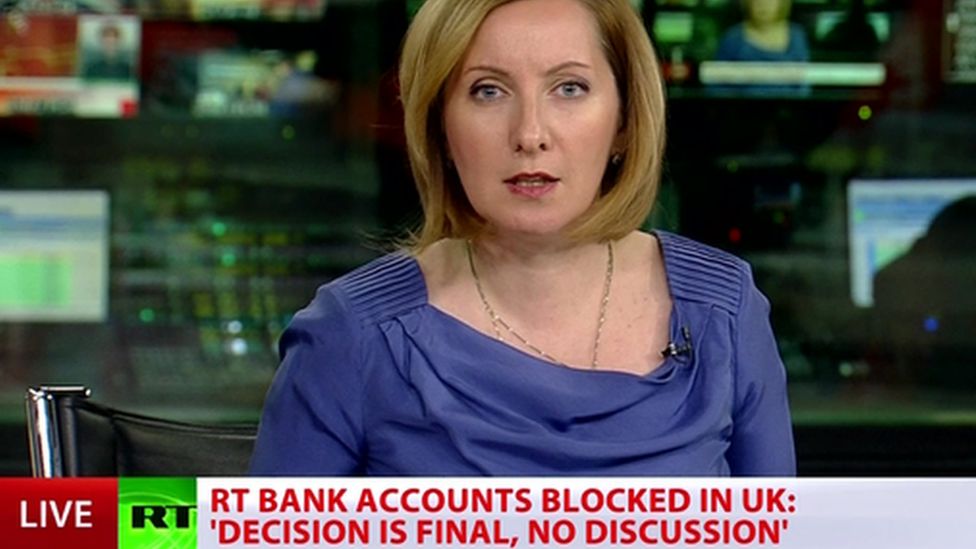 In this grab from RT's live broadcast, the Kremlin-backed channel says its accounts have been frozen by NatWest