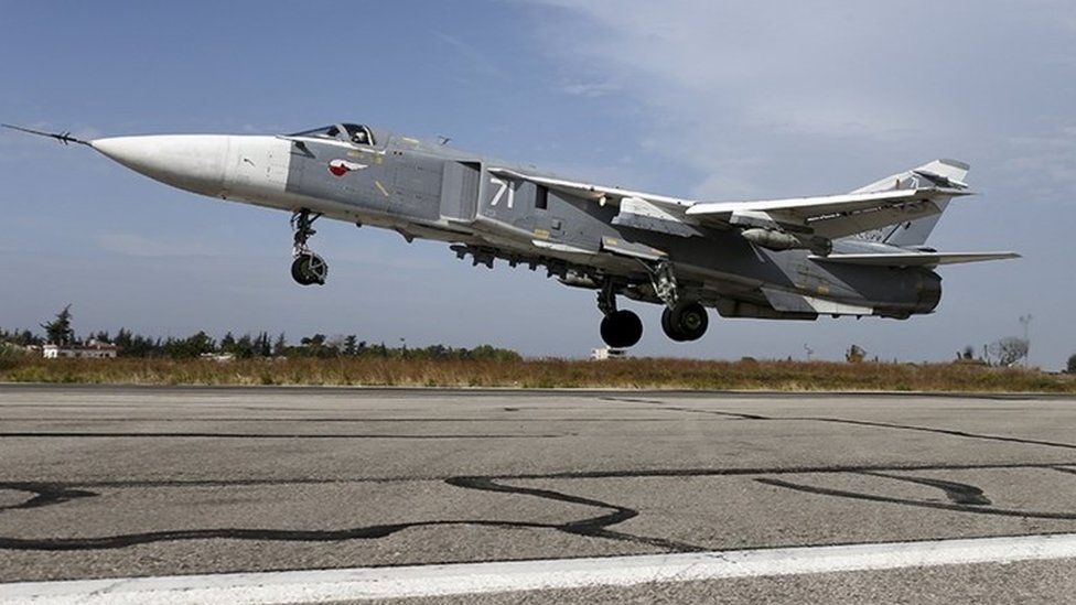 A Sukhoi Su-24 fighter jet takes off from the Hmeymim air base near Latakia, Syria (23 October 2015)