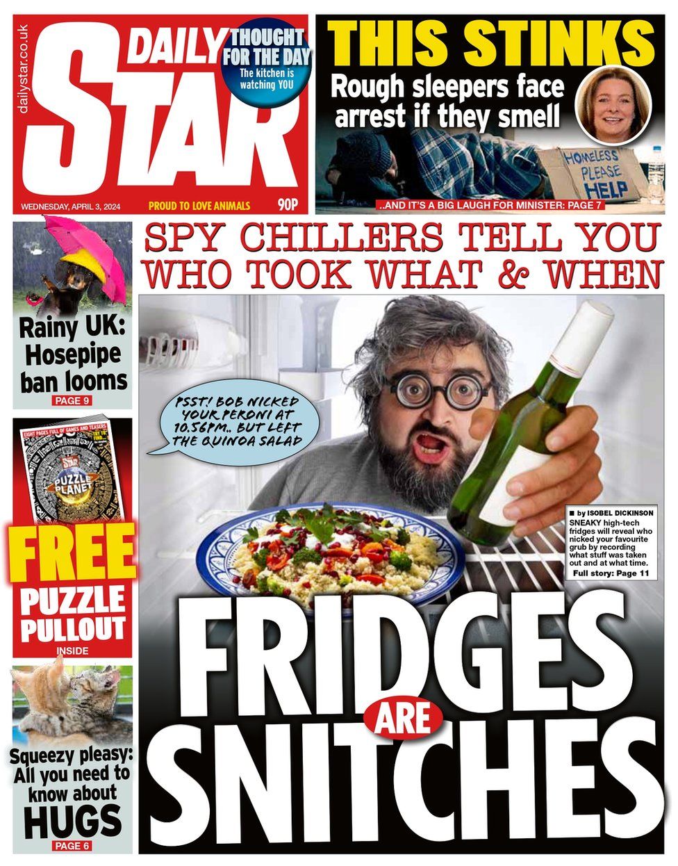 The Daily Star front page. The headline reads: 'Fridges are snitches': Spy chillers tell you who took what and when